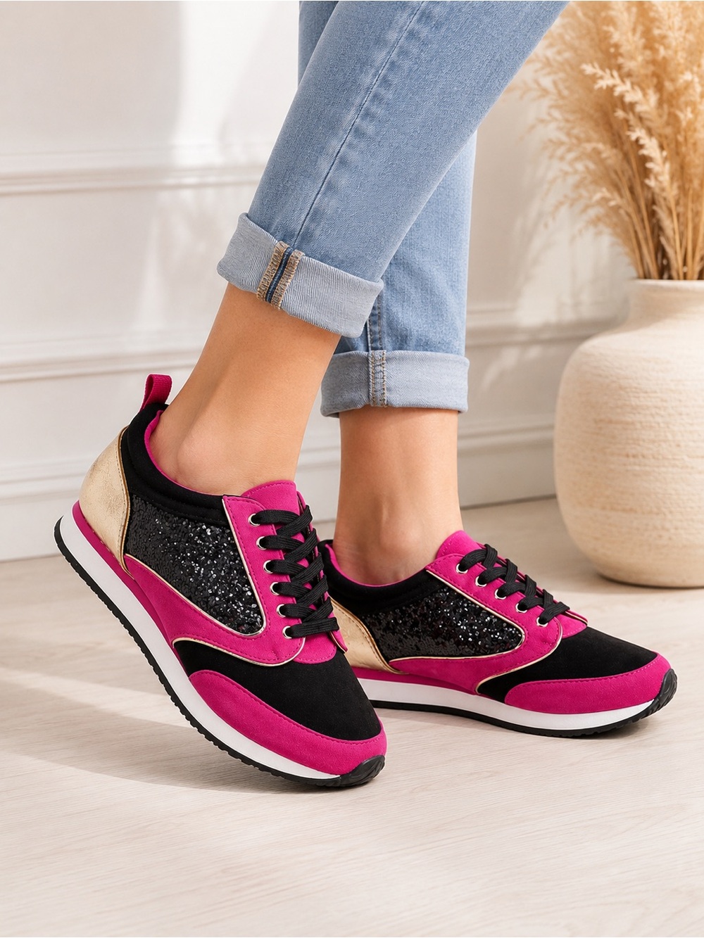 Juicy Couture Pink Black Glitter Sneakers Gold Fashion Tennis Shoes NWT 6.5